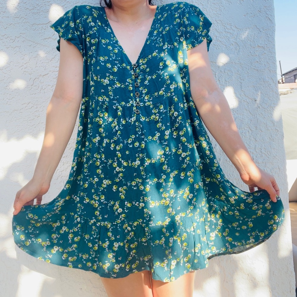 Wild Fable Turquoise Green Loose Floral Print V-Neck Dress, Size L